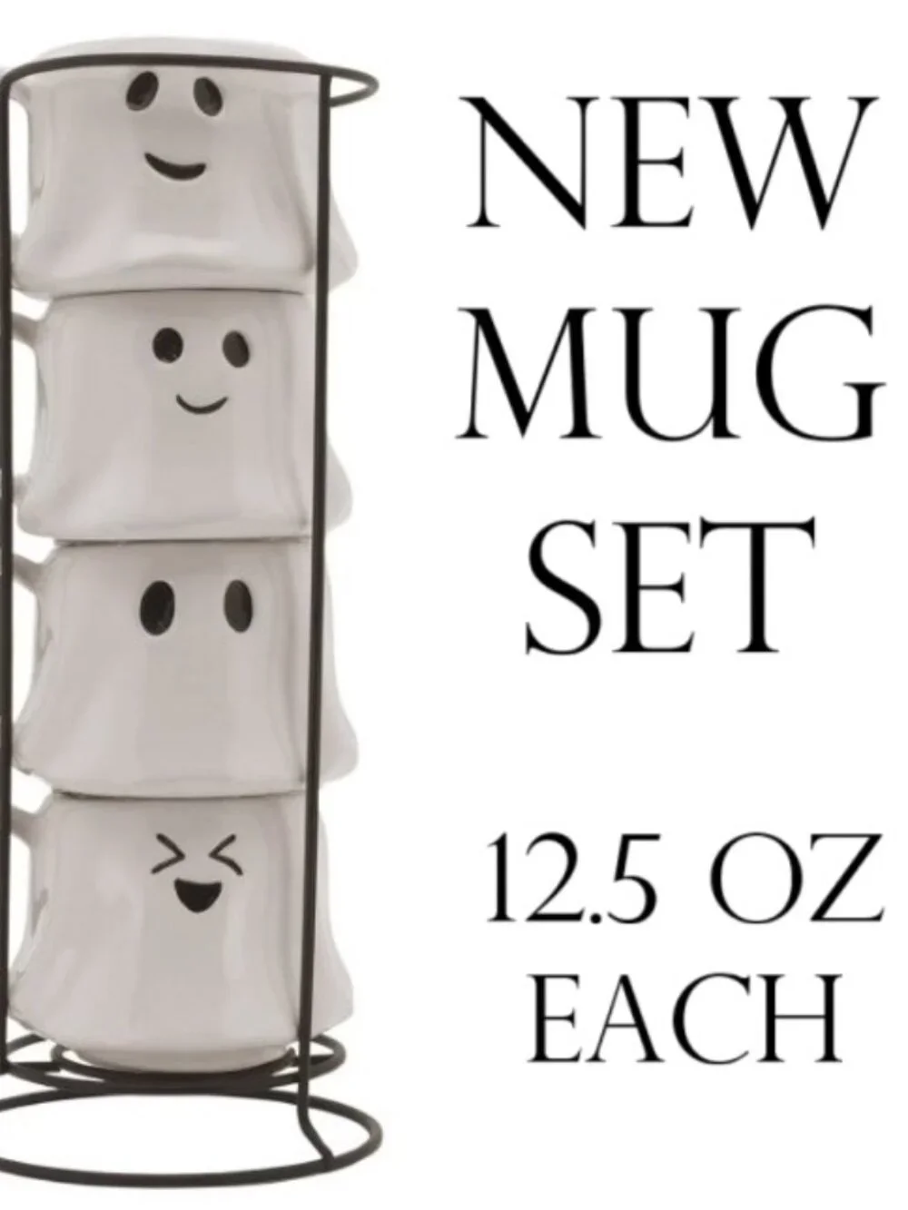 NEW Ceramic Ghost Mugs Mug Set of 4 Stacking Stackable White Stoneware Can hold